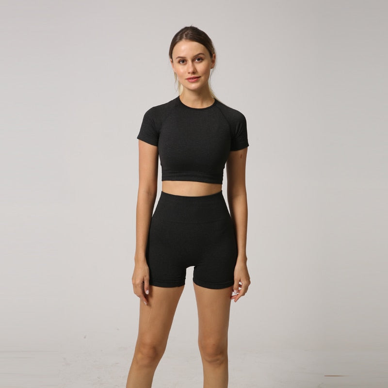 Seamless Women Yoga Set Crop Top Short Sleeve Shirt Fitness Shorts Workout Clothes For Women Gym Clothing Yoga Sport Set-4